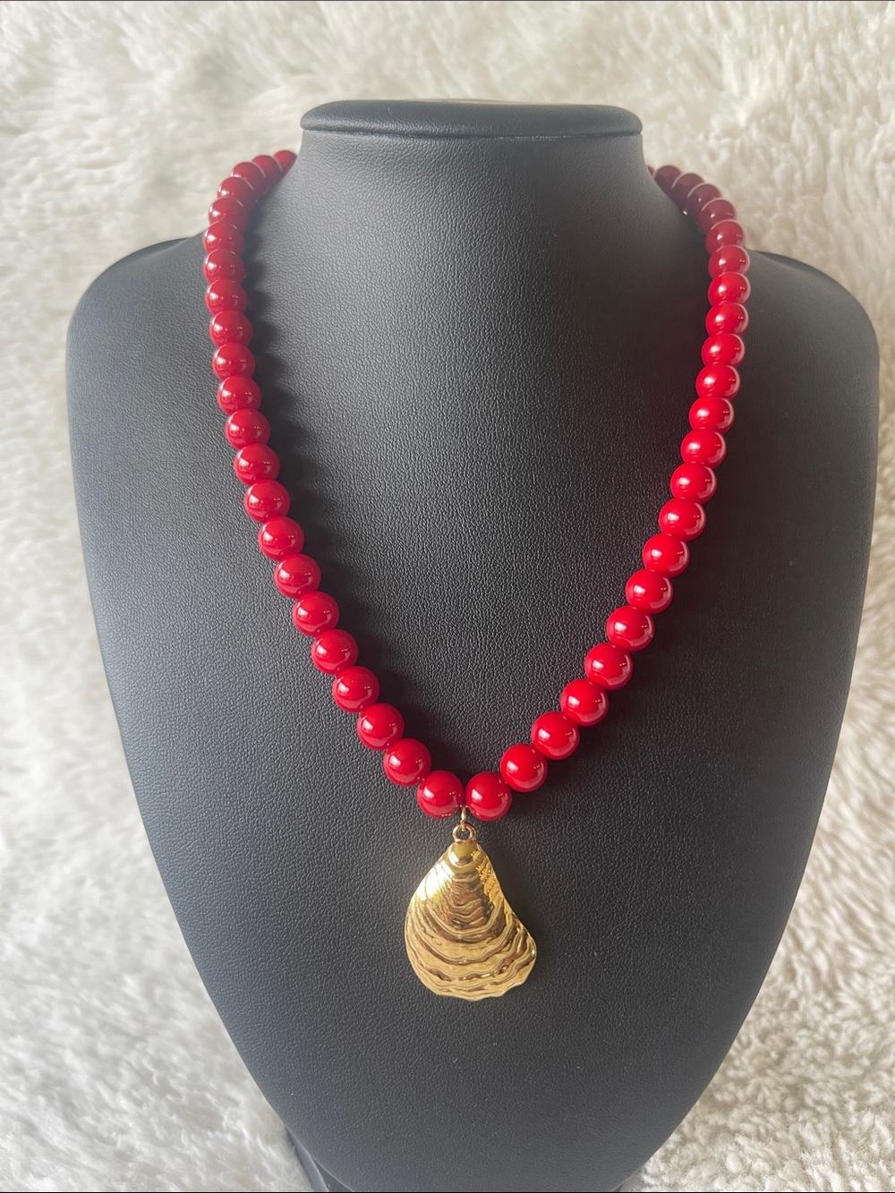 Gold Shell Pendant Red Beaded Necklace - Women Jewelry